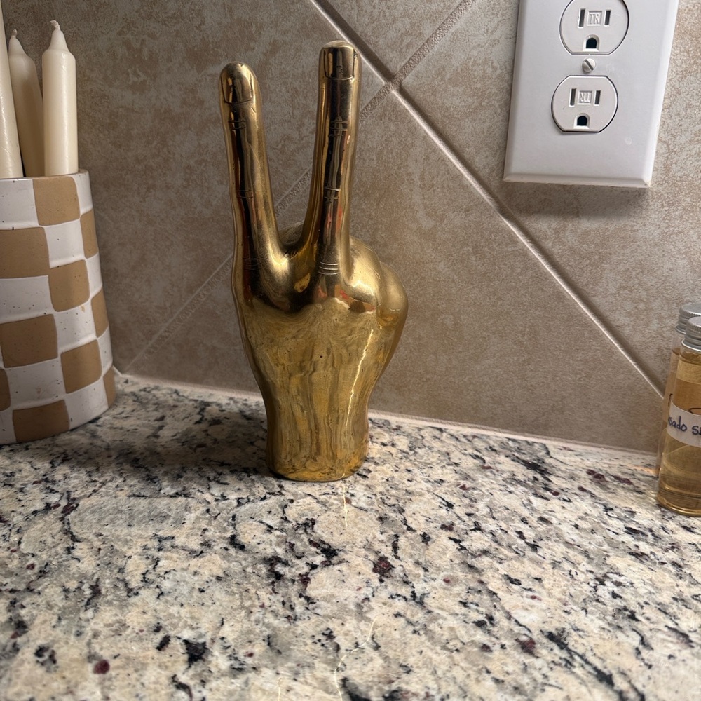 Brass Finish Peace Hand Sculpture - Gold Decorative Accent